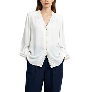 Vintage 90s Marc Allan ivory white lace placket deep v neck flowy blouse 10